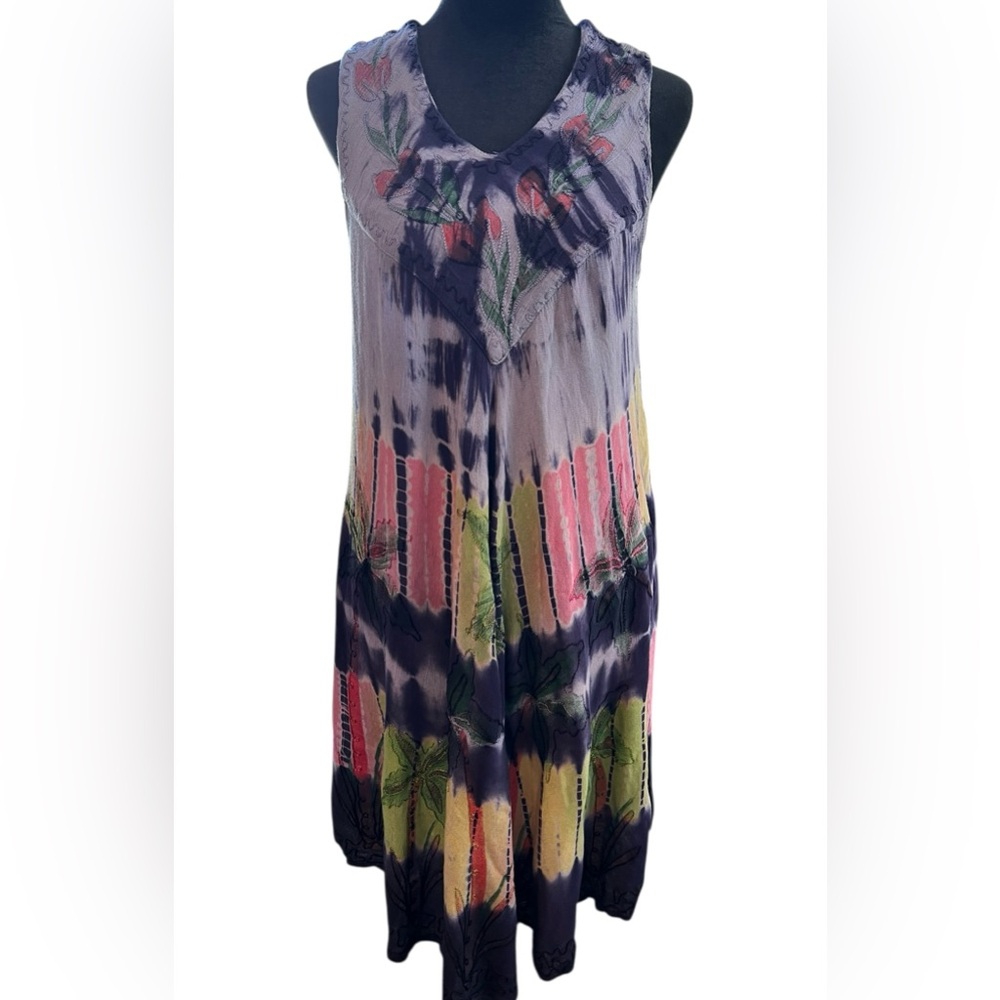 Tie Dye Dress Made in India Free Size Boho Hippie Festival Palm Trees OSFM EUC